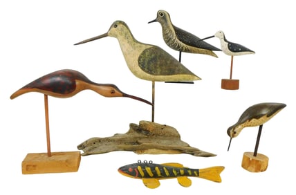 Five shore bird carvings and one fish, many with detachable base, four with glass eyes, including: