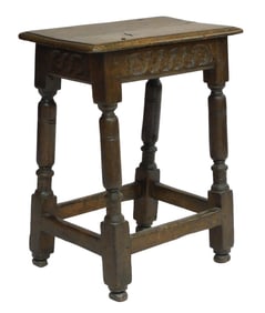 +Joint table, English, c. 1640, oak, bobbin turned legs on ball feet, 22 1/2" h. [PROVENANCE: