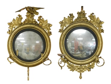 Pair girandole gilded mirrors, American, 19th C., each with spiral and black rim frame, eagle on