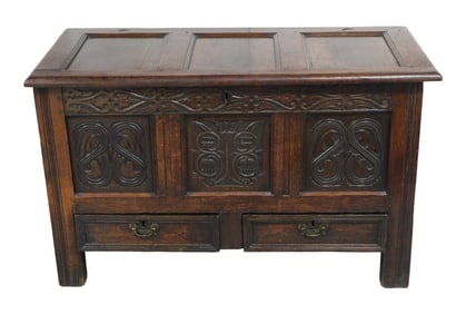 +Oak chest, English, 17th/early 18th C., three-panel thumb, nailed edge top over three panel carved