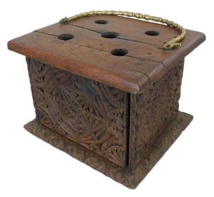 +Foot warmer, Continental, 18th C., oak, heavily carved front and sides, cast brass handle, top with