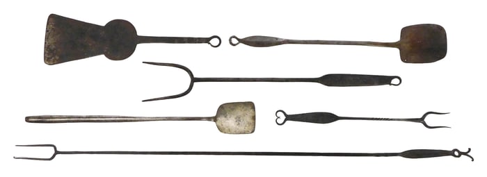 Six early cooking utensils, 18th/19th C., iron, including: three forks, each with two prongs,