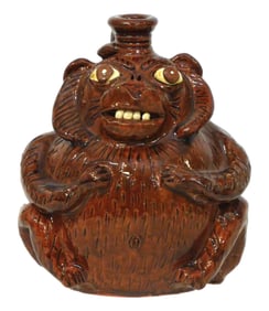 FACE JUG: Albert Hodge (Vale, N.C., b. 1941) "Monkey Jug", folk art pottery figural jug, chimpanzee