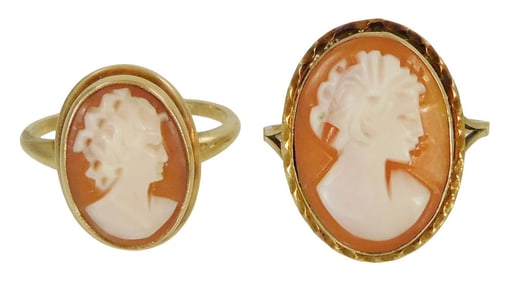 JEWELRY: Two cameo rings, including: 18K oval cameo ring, stamped and tested “750” 18K