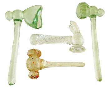 ART GLASS/WHIMSEYS: Lot of four art glass tools, including: hammer with air twist spiral, 5 1/4" l.;