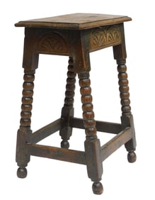 +Joint stool, English, c. 1650, oak, apron with simple guilloche carving, 20 1/2" h. x 18 1/2" w. x