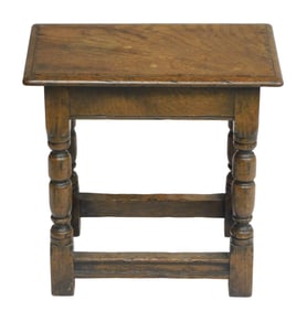 Joint stool, 19th-20th C., reproduction in oak, shadow molded apron on bobbin turned legs, box and