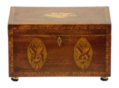 Tea Caddy, 19th C., mahogany veneer on oak with conch, floral and shaded paterie with double banding