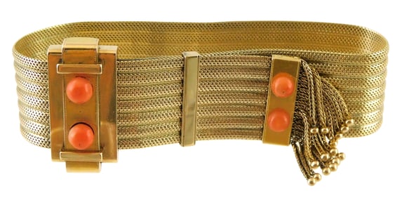 JEWELRY: Vintage 14K coral slide bracelet, mesh style slide bracelet, tested 14K yellow gold, set