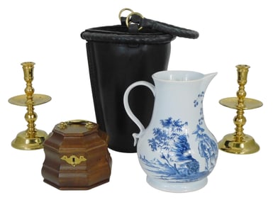 +Five Colonial Williamsburg pieces, including: pair of brass candlesticks, stamped on underside,