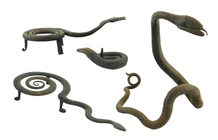 Four 19th C. cast iron snake forms, mostly hand forged, two sculptural, two trivets, wear consistent