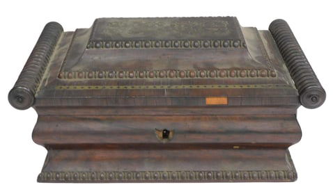 Sewing box, 19th C., American, carved mahogany box with pierced brass inlays and carved decorations,