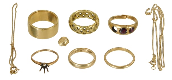 JEWELRY: Miscellaneous gold items, nine total, including: 10K yellow gold engagement ring setting