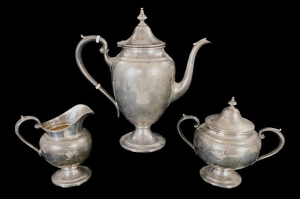 STERLING: Gorham sterling silver tea set, three pieces, including teapot on foot with non-silver