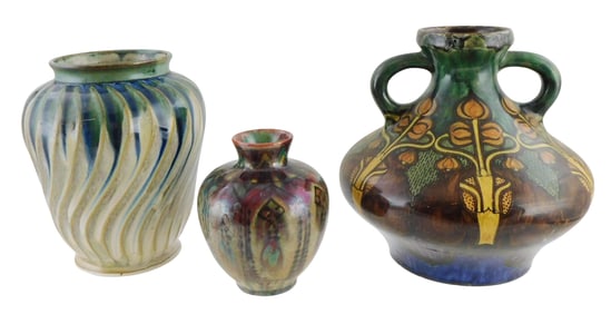 ART POTTERY: Three early 20th C. ceramics: including a Rozenburg, Den Haag double handled handed