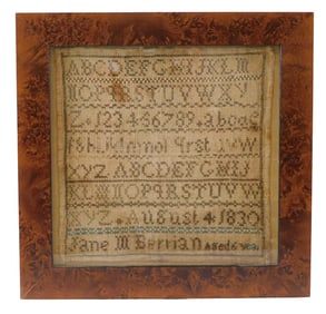 +SAMPLER: American schoolgirl sampler, 1830, made by Jane Berrian, aged 6, dated August 4, 1830,