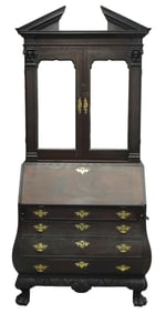 +Boston style bombe secretary, late 19th-20th C., desk and bookcase on frame in mahogany, sloped