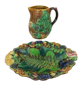Samuel Alcock Royal Palissy, etc., two pieces of Majolica ceramics: pitcher and footed comport, late