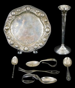 STERLING: Tiffany, Gorham, etc., seven pieces total, details include: Tiffany Mother Goose