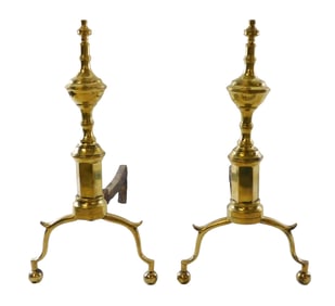 Pair of early brass andirons, classical motifs including spire finial, spurred legs, etc., wear