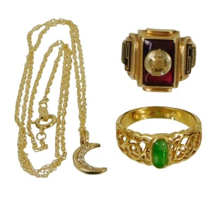 JEWELRY: 14K diamond crescent moon pendant with chain and two rings, moon pendant with bail tested