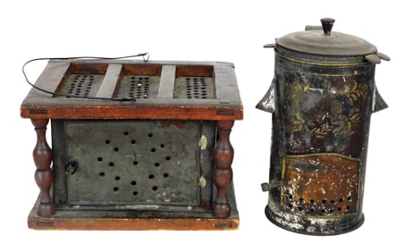Toleware cannister and a foot warmer, details include: painted tin cylinder with single tube whale