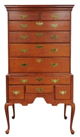Queen Anne style highboy, curly maple, ten drawers in two pieces, inscribed plaque inside lowermost