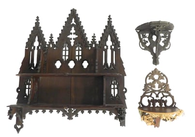 Two 19th C. wall brackets and a Gothic hanging shelf, details include: Gothic Hanging Shelf,