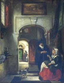 Johann Anthonie Balasar Stroebel (Dutch 1821-1905), "Conversation in the Hallway", oil on wood,