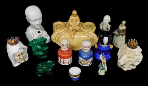 Thirteen figures and figural pieces, 19th/20th C., details include: ceramic inkstand with seated