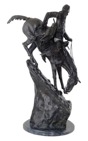 +SCULPTURE: After Frederic Remington (American, 1861-1909) "Mountain Man", bronze sculpture on round