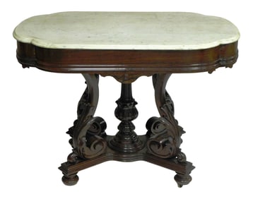 Marble top center table, American, 19th C., walnut, oval top with extra extended ends, double beaded