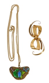 JEWELRY: Two pieces including a 14k gold ribbon bow brooch, stamped and tested, 8.8 grams; along