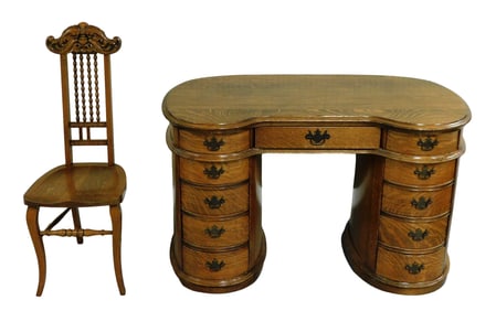 Oak desk & chair, American, c. 1880, including: kidney shape desk, oak veneer on maple top, solid