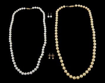 JEWELRY: Two cultured pearl necklaces and two pairs of stud earrings, including: single strand