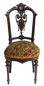 Side chair, American, late 19th C., walnut, Renaissance Boulle design, carved and inlaid crest