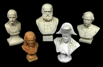 Five busts, four parian and one terra-cotta style, featuring: two of Napoleon, Beaconsfield with