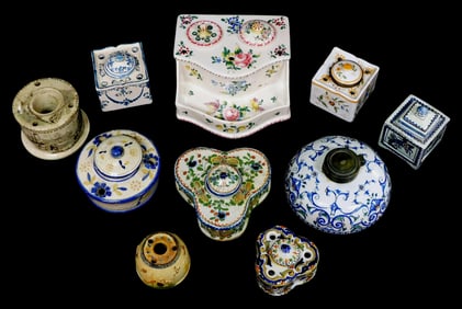 Ceramic inkwells, ten total, 19th/20th C., some with markings including: French faience inkstand,