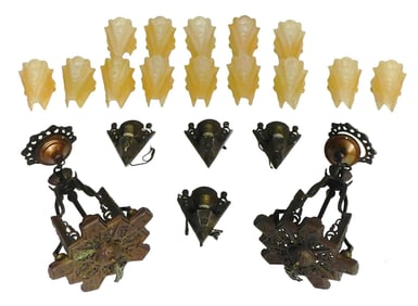 LIGHTING: Art Deco suite, c.1920's/30's, Virden "Fleuray" style, cast iron and glass, includes: two