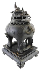ASIAN: Chinese Foo "Luduan" censor, cast metal, removable head lid, carved wooden base, wear consist