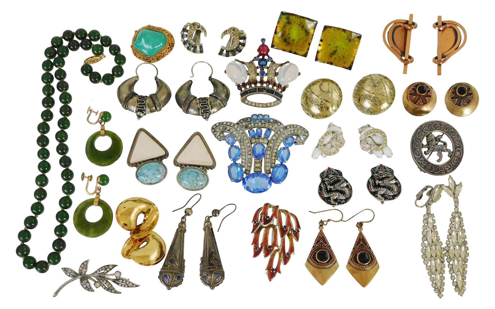 COSTUME JEWELRY: 20+ pieces of vintage to contemporary design, Weiss, Trifari, including pierced and: COSTUME JEWELRY: 20+ pieces of vintage to contemporary design, Weiss, Trifari, including pierced and clip earrings, pins, one hand knotted green stone necklace with 14k clasp, glass and natural stones