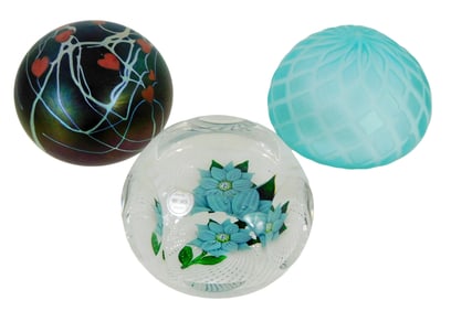 ART GLASS: Three paperweights: including: St. Louis flower paperweight, signed and dated "SL 1972"