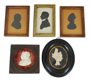 Four silhouettes and one bas relief double portrait, 19th/20th C., details include: bas relief