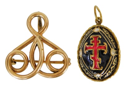 JEWELRY: 14K Pin with Fabergé style egg pendant, two pieces, scroll design pin with hook on