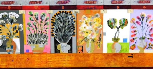 Norman Laliberte (American,1925-2021), mixed media with appliques on panel, Contemporary, abstract
