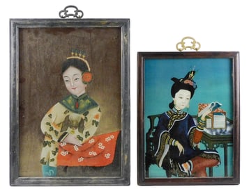 ASIAN: Two framed Chinese export reverse hand painted glass portraits, late 19th/early 20th C., the