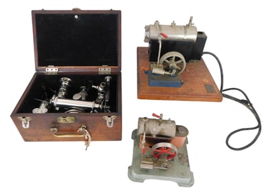 Two Jensen Manufacturing Co. steam engine models and Crosby steam engine indicator kit, early/mid