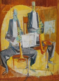 + Louis di Valentin, (American, 1907-1982), "Wind Instruments", oil on canvas, depicts two abstract