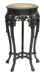 ASIAN: Chinese marble top side table or plant stand, early 20th C., carved wood frame, skirt, and