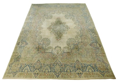 RUG: Semi Antique Persian Kerman, 11' 6" x 14' 6", wool on cotton, finely woven, cream ground with